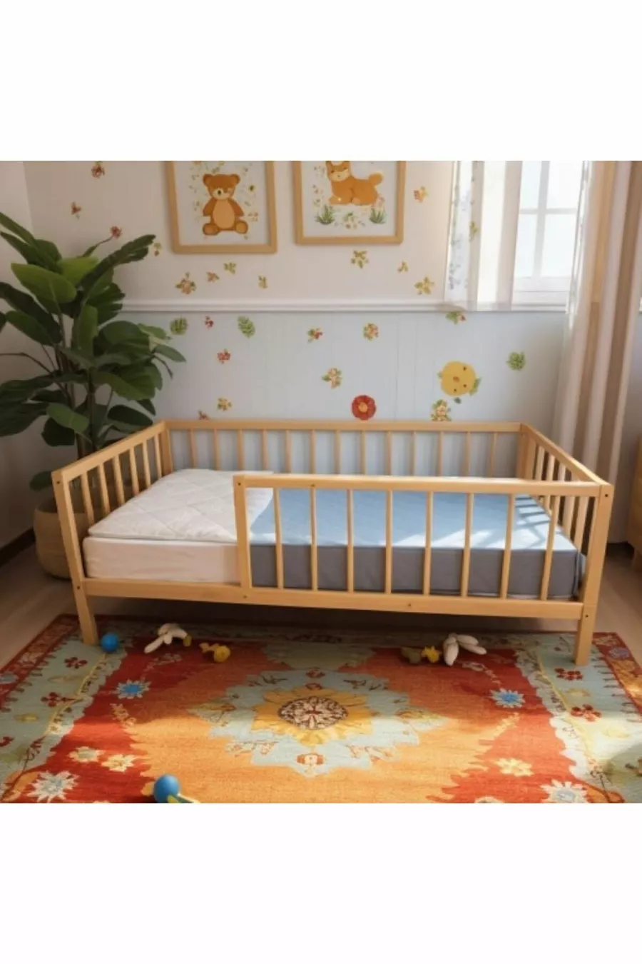 Lit pour enfant rond à lattes en bois massif naturel sur pieds, dimensions cm X cm