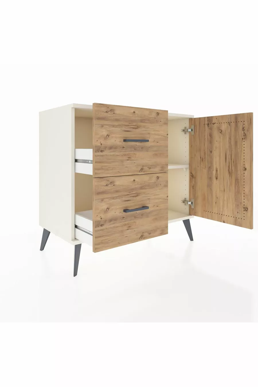 Commode Hyperion à une étagère, 2 tiroirs et 1 porte, Pierre de Lune-Pin