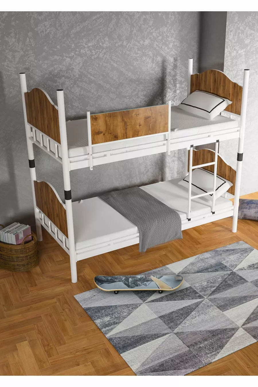 Lits superposés métal et bois couleur blanc-noix (sans matelas)