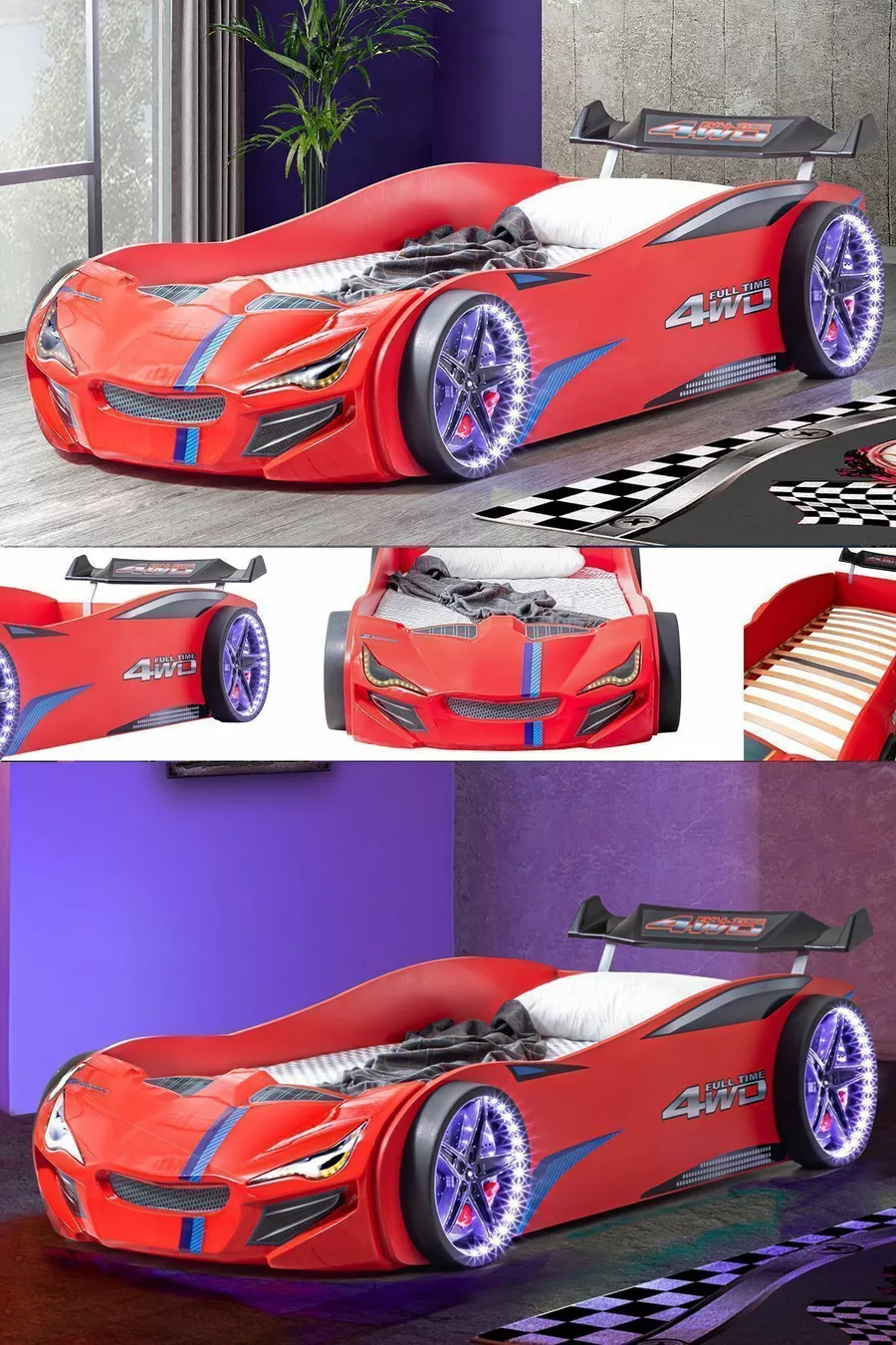 Lit voiture, Lit voiture Merso avec pare-vent et éclairage LED complet - Rouge