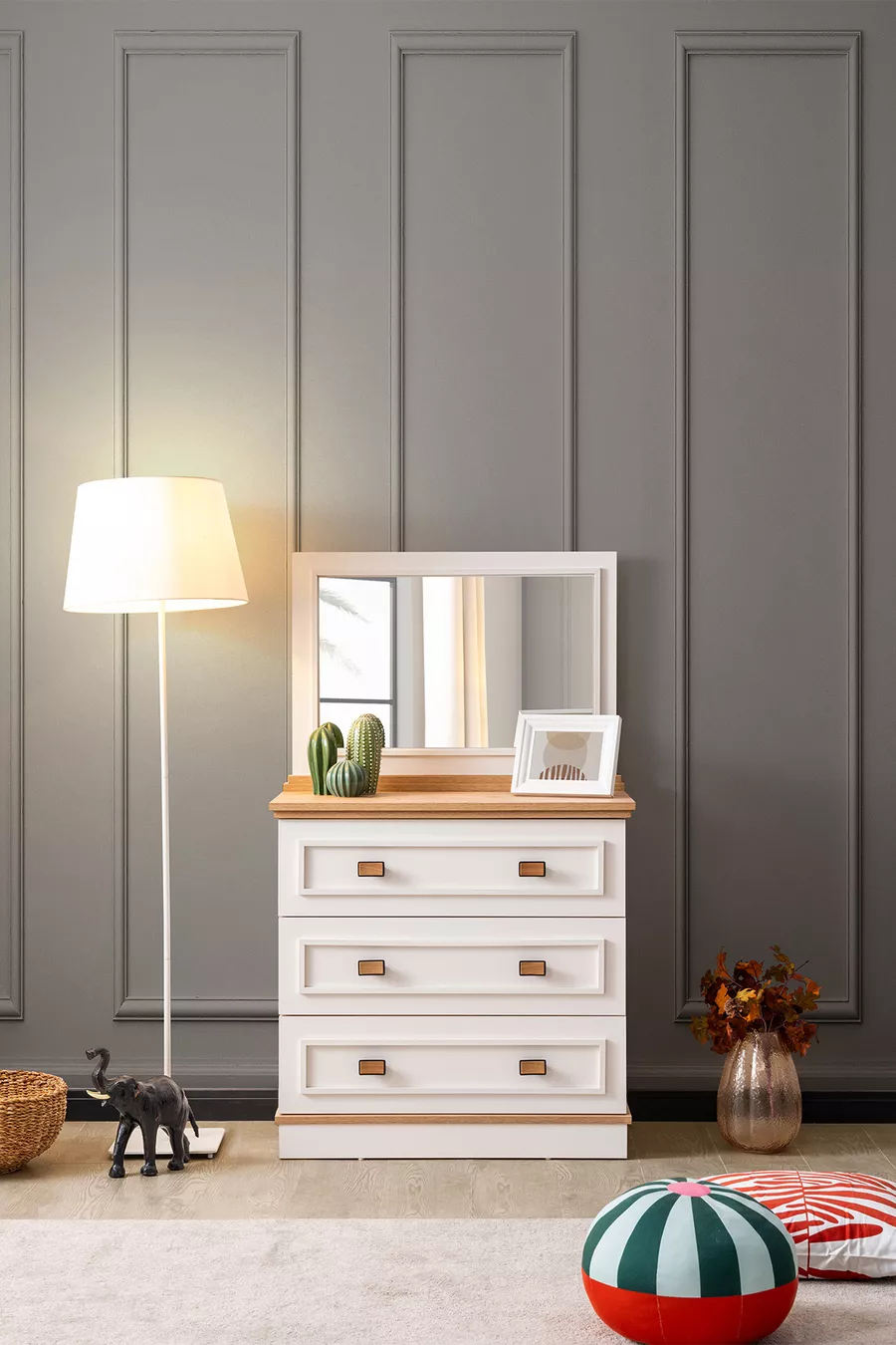 Ensemble de chambre Zenit, lit coffre avec barrière pour bébé Zenit, armoire à 3 portes, commode