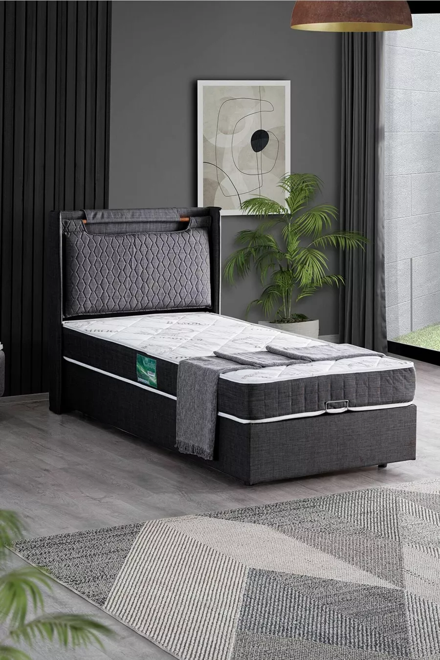 Ensemble Lit Double Zagreb, Tête de Lit et Sommier Simple, Anthracite