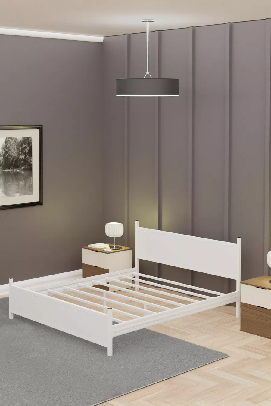 Lit double moderne GM en bois et métal, entièrement blanc