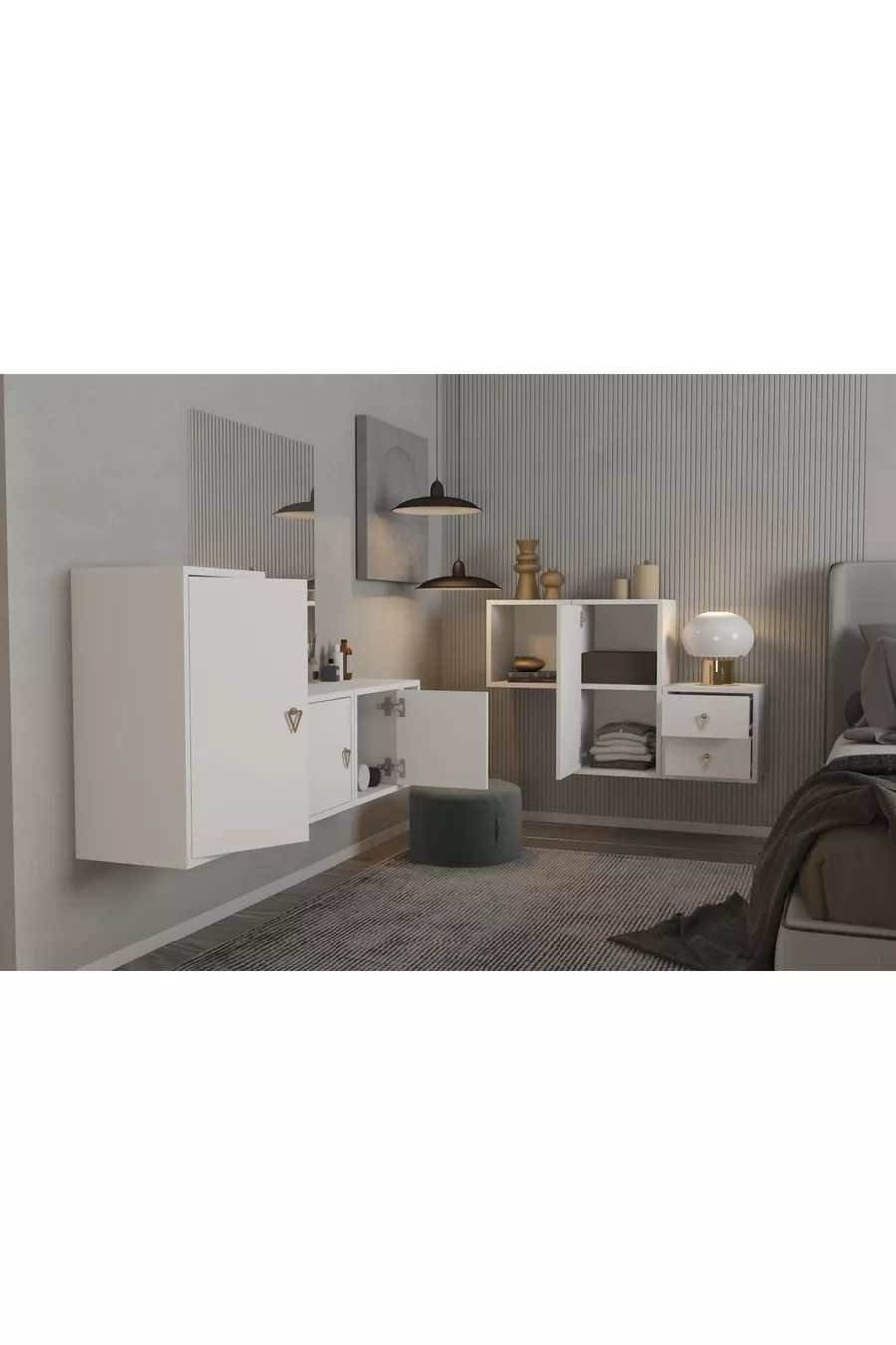 Ensemble de chambre modulaire avec armoire à tiroirs et étagère avec portes