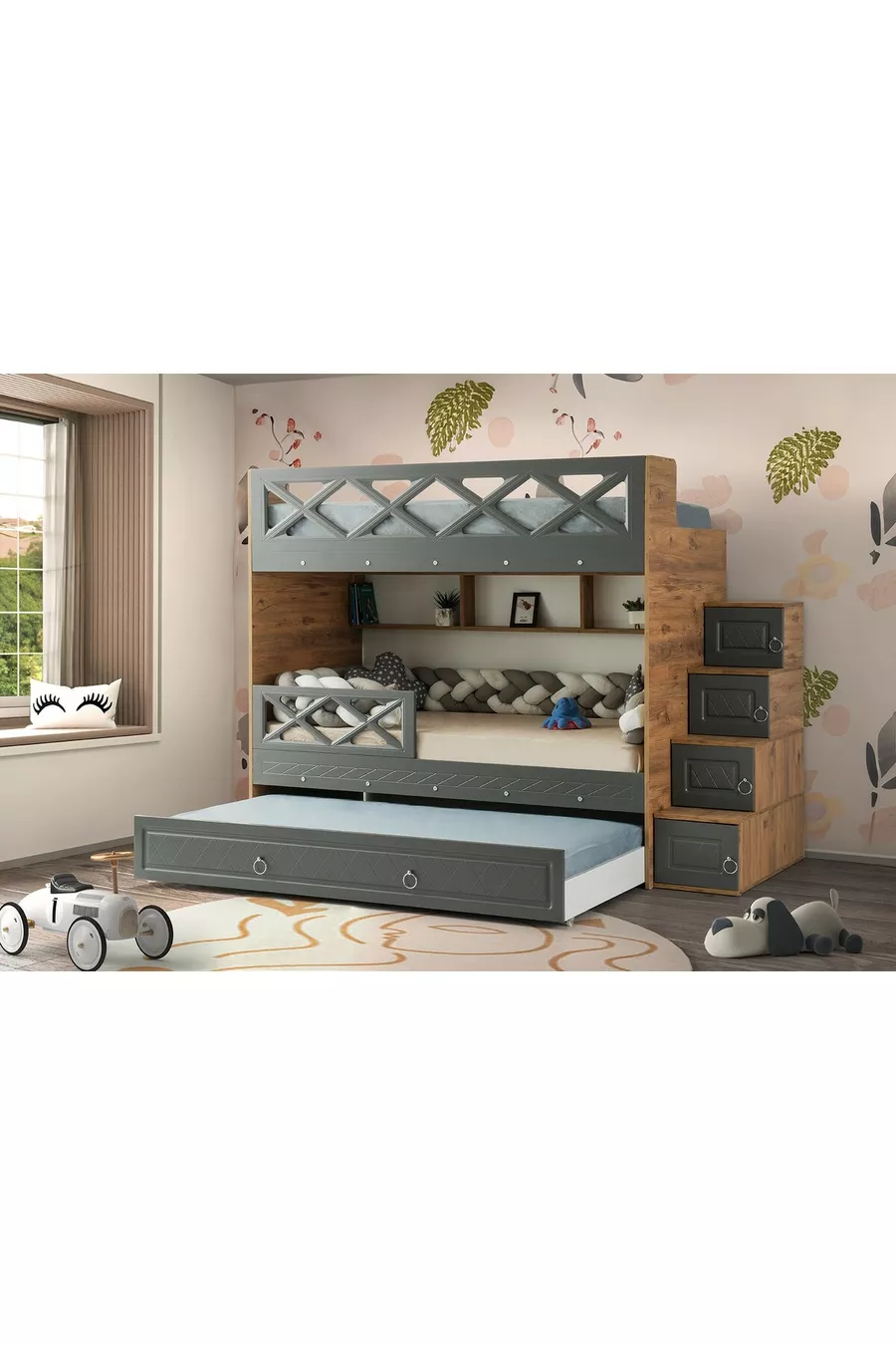 Lits superposés Mars avec tiroirs, anthracite & bois, support en acier, revêtement en membrane, 100% MDF