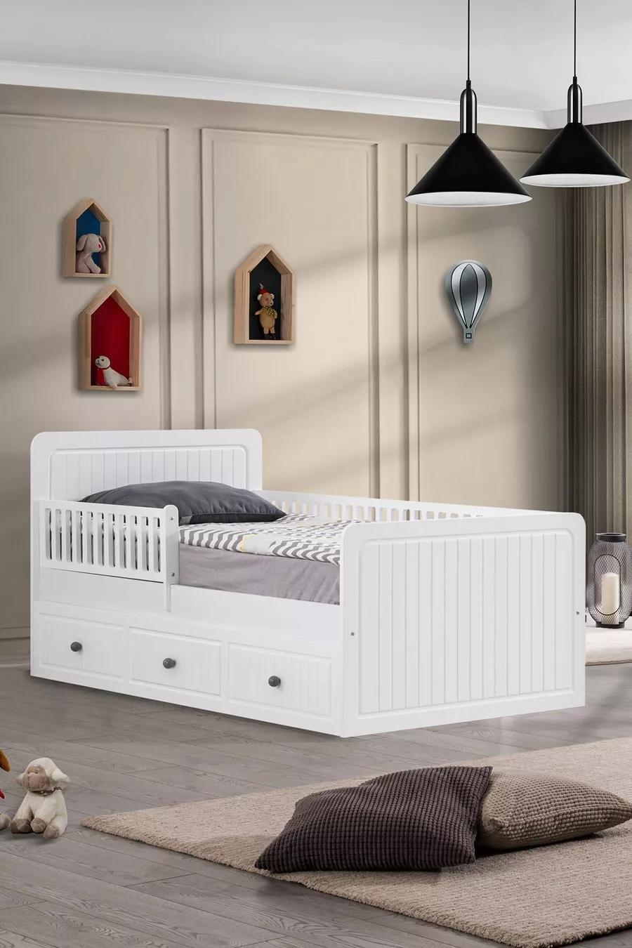 Lit Montessori avec tiroir pour bébé, Lit Montessori Lena avec tiroir - Blanc