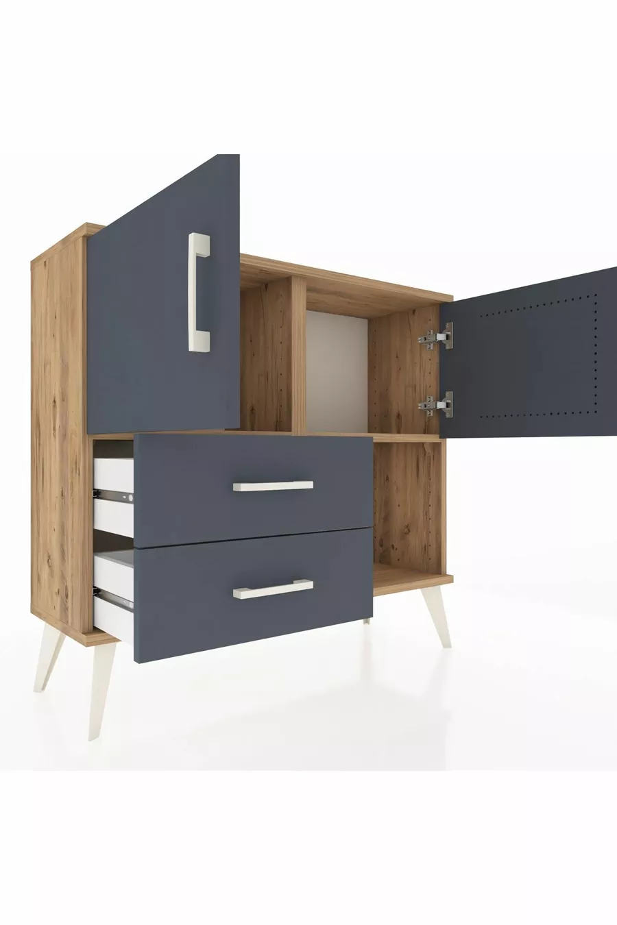 Commode Arges 2 étagères 2 tiroirs 2 portes Pin-Anthracite