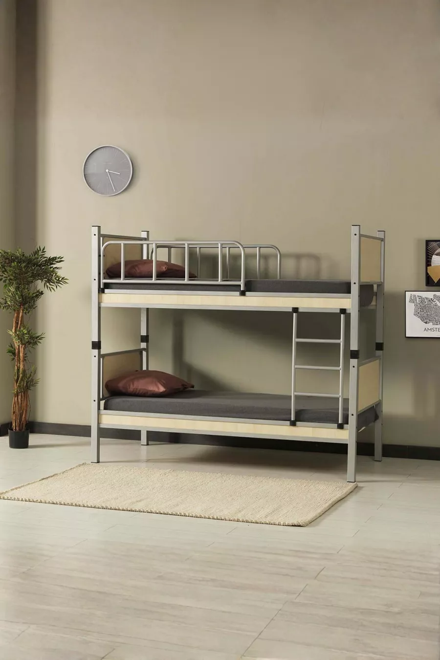 Chambre d'enfant pour dortoir avec lits superposés et lit simple en métal et bois Gris