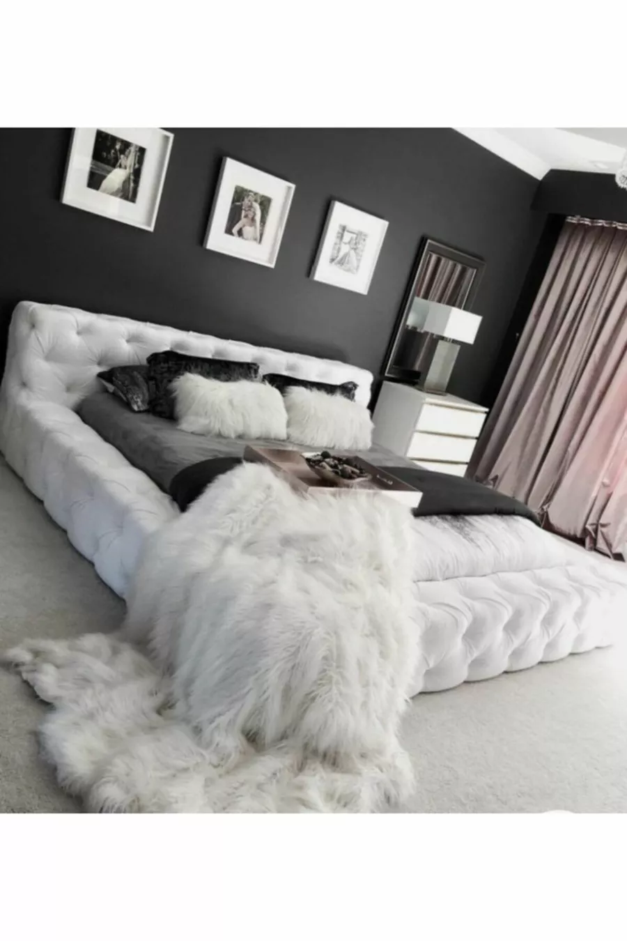 Lit double avec tête de lit, couleur flocon de neige blanc