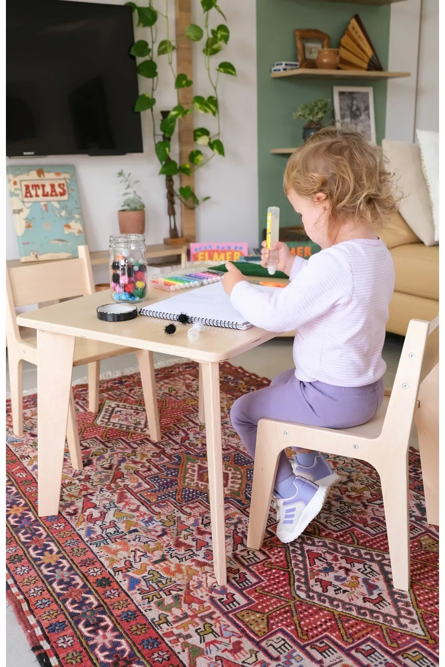 Ensemble de table et chaises en bois Montessori pour enfants (1 table + 2 chaises)
