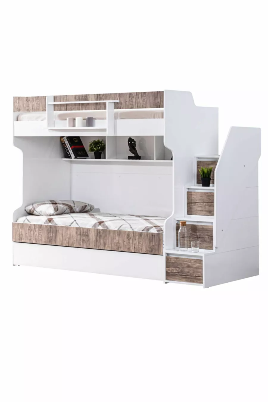 Lits superposés, Lit superposé Courageux avec tiroirs - Noyer 2 matelas confort