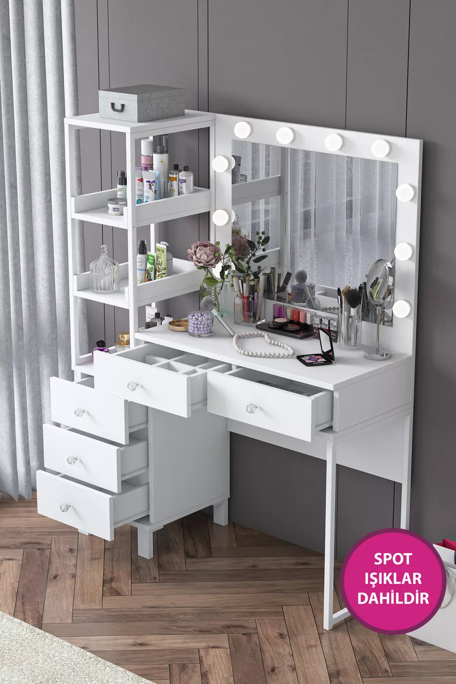 Rani Coiffeuse Miroir avec Lumières de Hollywood, 5 Tiroirs avec Étagère, Organisateur de Bijoux, Blanc