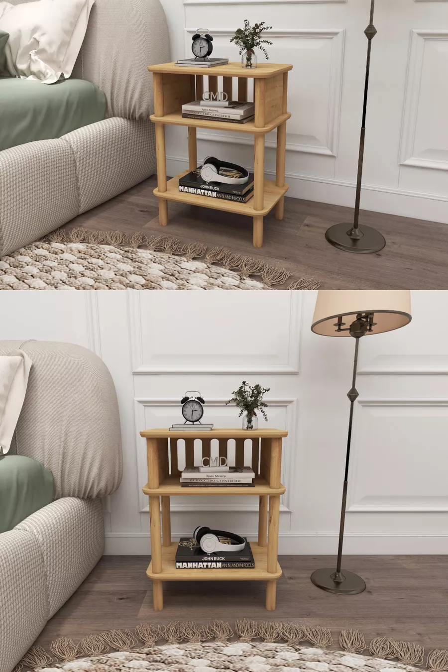 Commode Linde Minimaliste en MDF avec lames et pieds en bois ; Chambre - Salon - Bureau