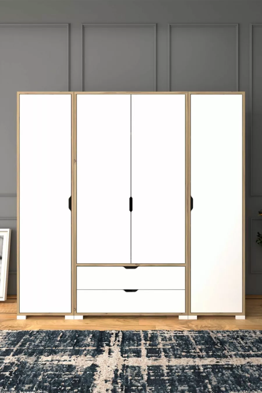 Armoire Nisan Beige clair et blanc à 4 portes et 2 tiroirs - Ensemble de garde-robe