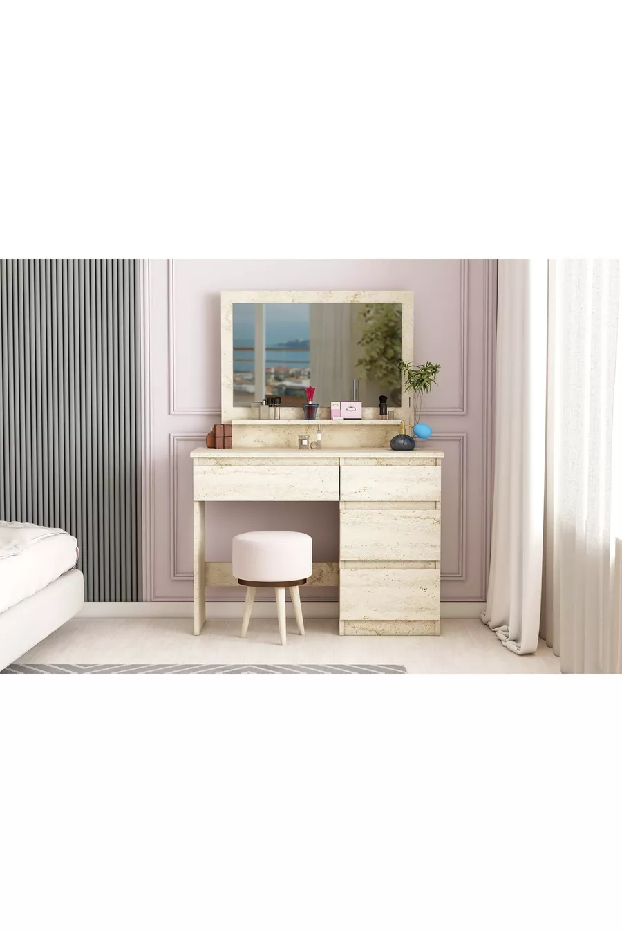 Coiffeuse Duru, 4 tiroirs, avec miroir et étagère, en travertin