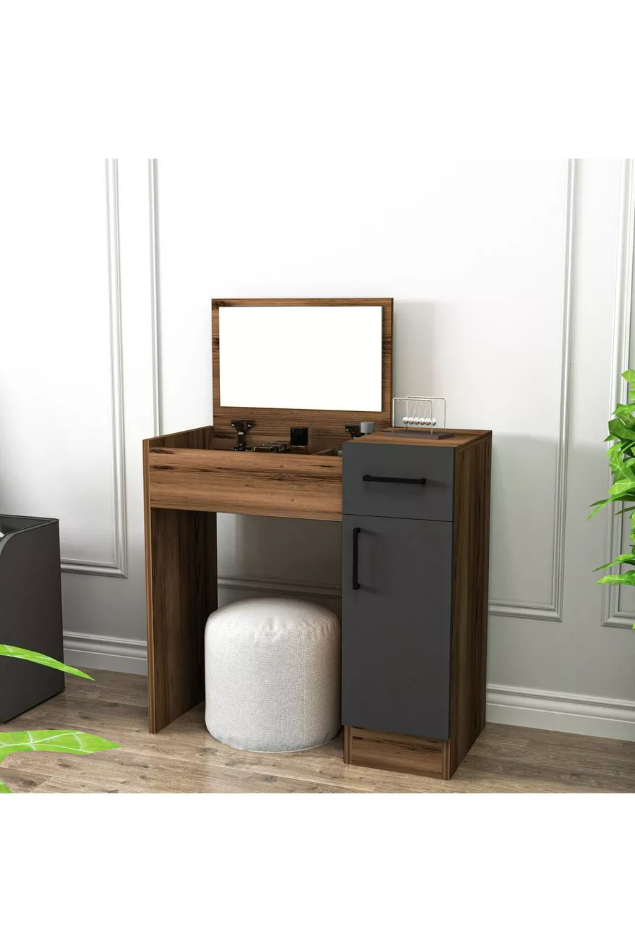 Coiffeuse avec miroir et armoire, couleur noyer et anthracite - Inci, disponible en 4 couleurs différentes