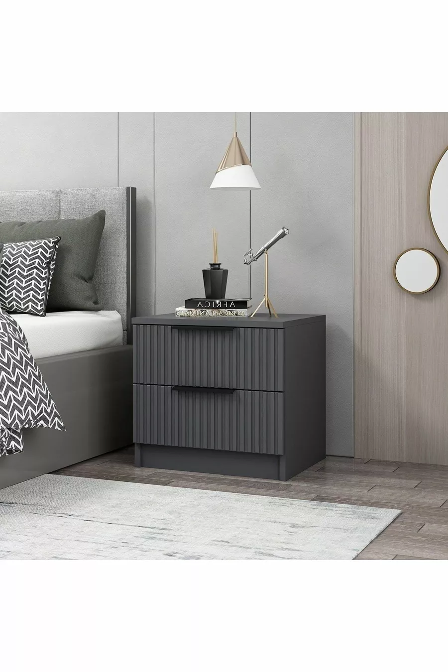 Table de chevet Kale Plus 2 tiroirs - Anthracite avec motif rayé en membrane