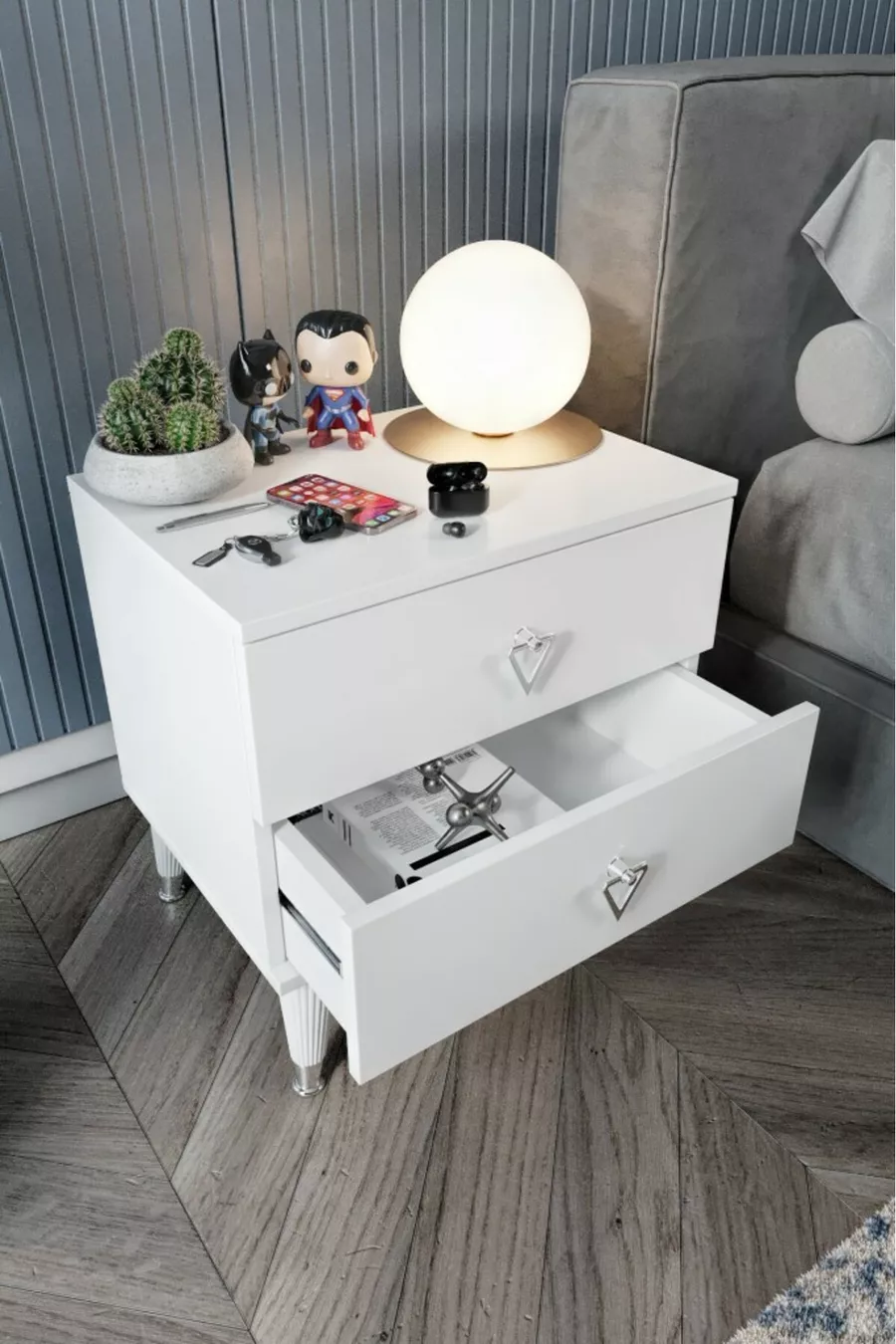 Table de chevet simple à 2 tiroirs Blanc Argent