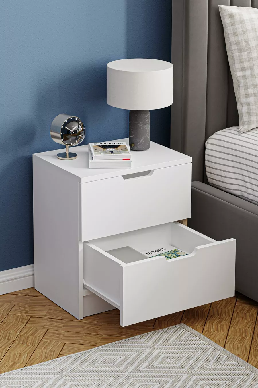 Chevet Lento à 2 tiroirs pour chambre à coucher ou chambre de bébé, blanc