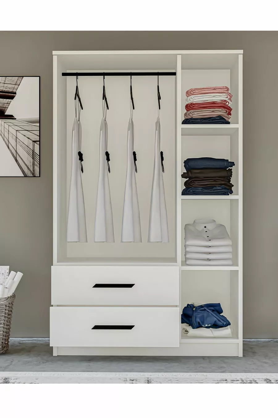 Gm  Modena Armoire Blanche à 3 Portes et 2 Tiroirs avec Poignées Noires