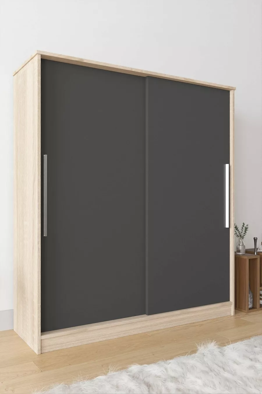 Armoire coulissante  Zambak avec étagères multiples, tiroirs et penderie, gris anthracite