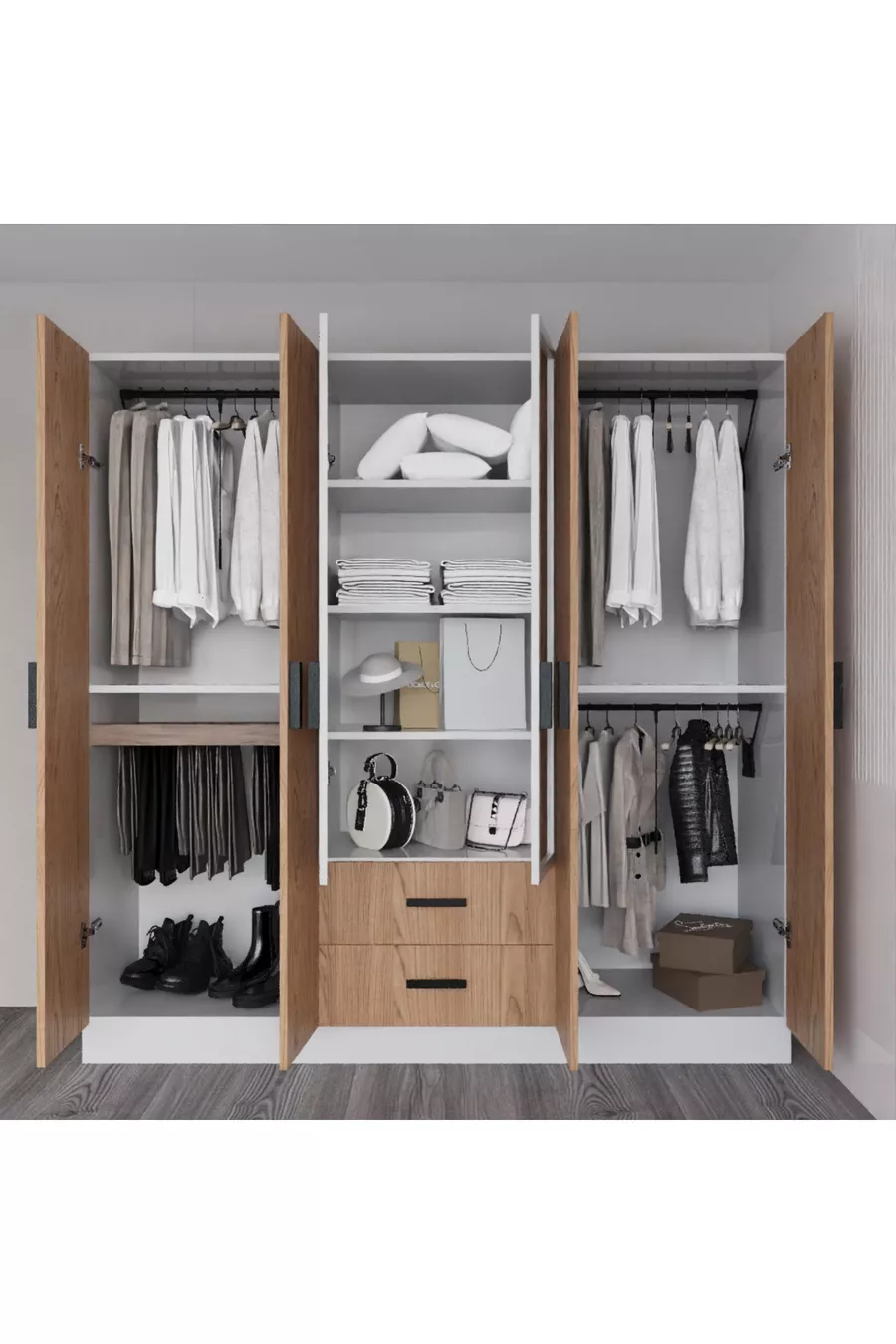 Valeria Armoire 6 Portes 2 Tiroirs Grande Armoire & Armoire à Miroir Pin Atlantique & Blanc