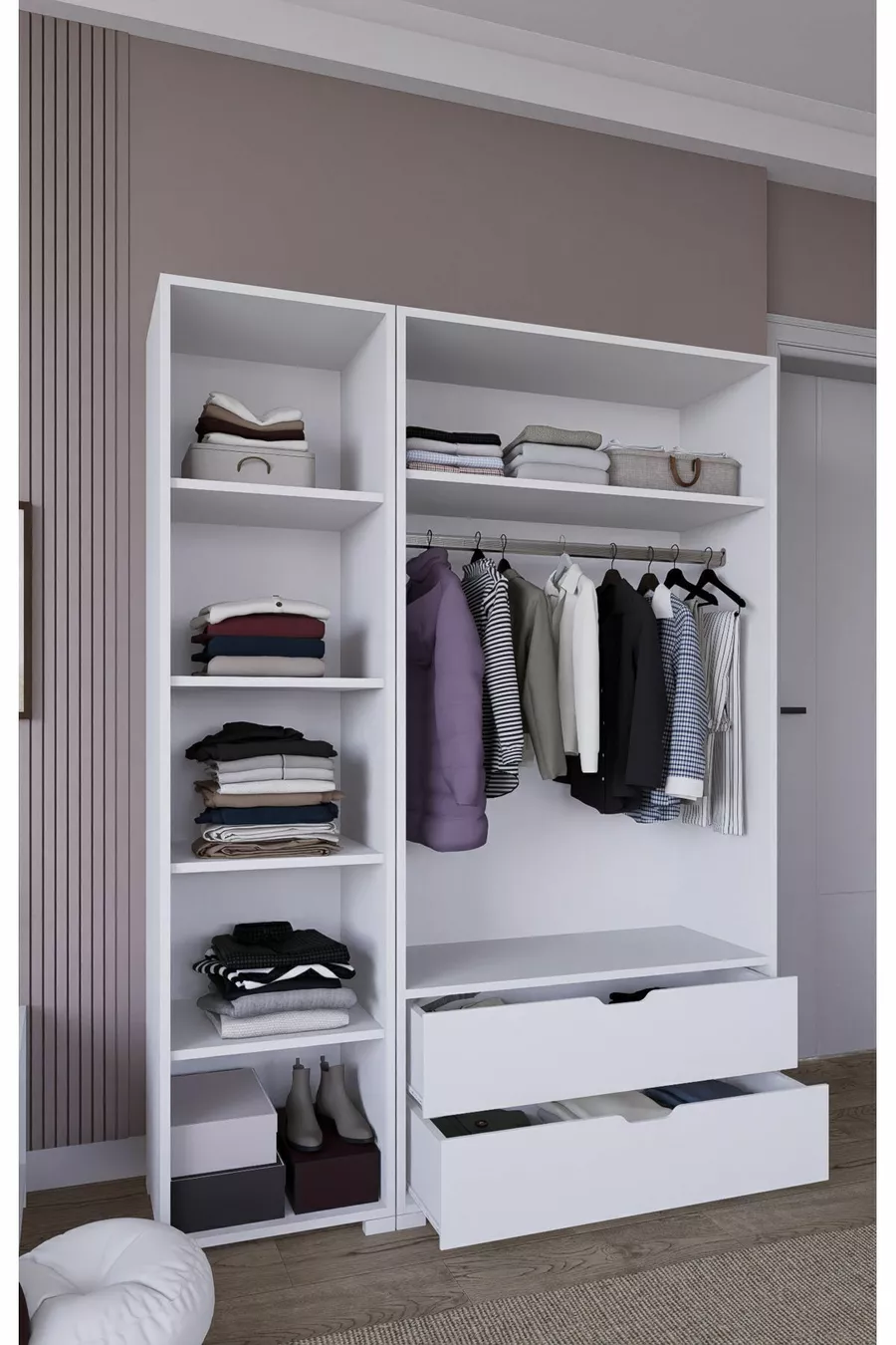 Armoire à vêtements Duru Mat Blanc à 3 portes et 2 tiroirs - Ensemble de garde-robe