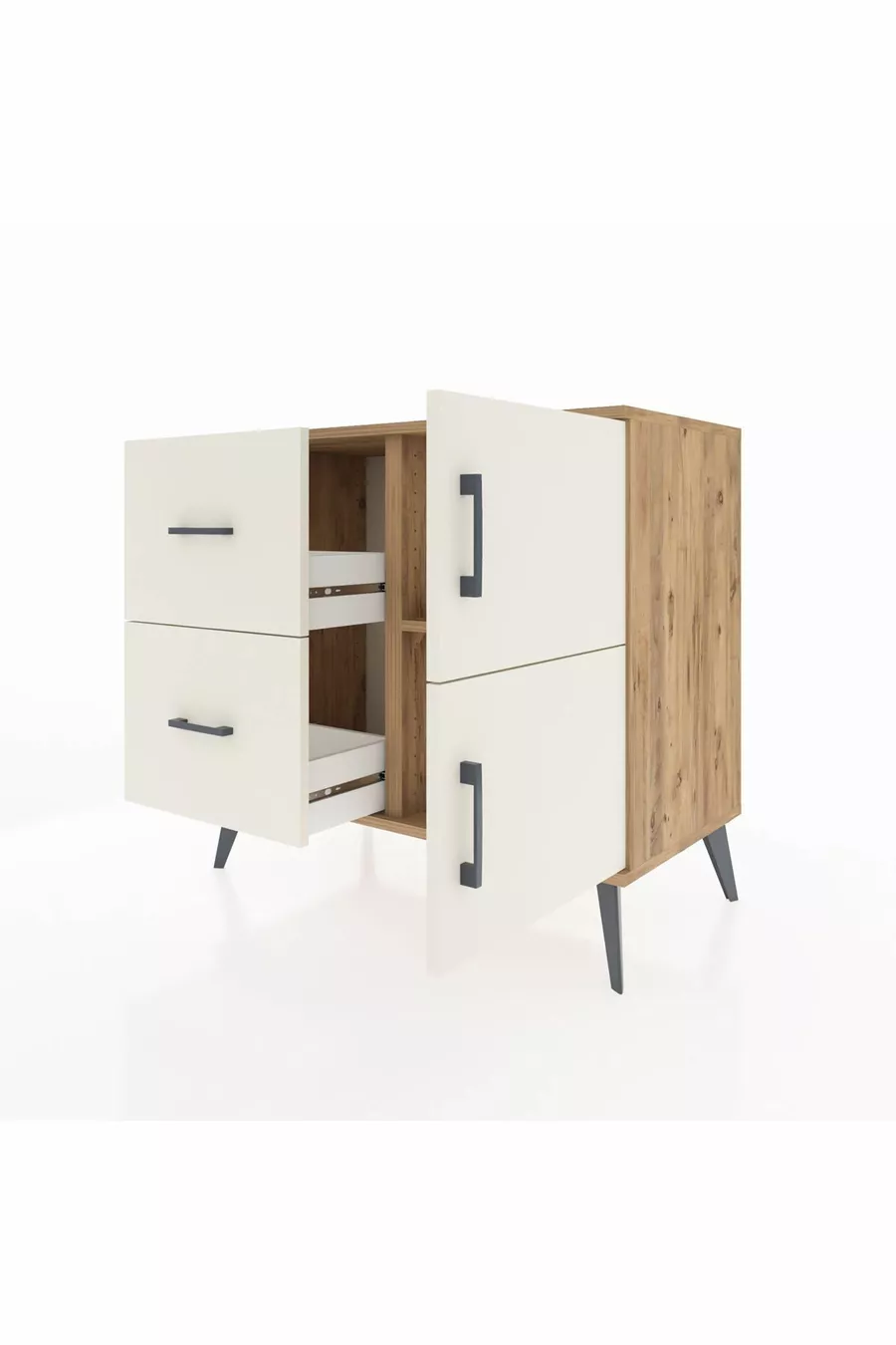 Commode Hyperion à une étagère, 2 tiroirs et 2 portes, pin-jaspe