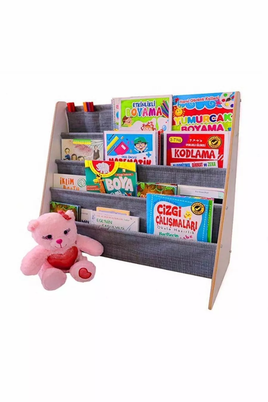Bibliothèque en tissu Montessori pour maternelle, école, chambre d'enfant, en bois, lavable, gris