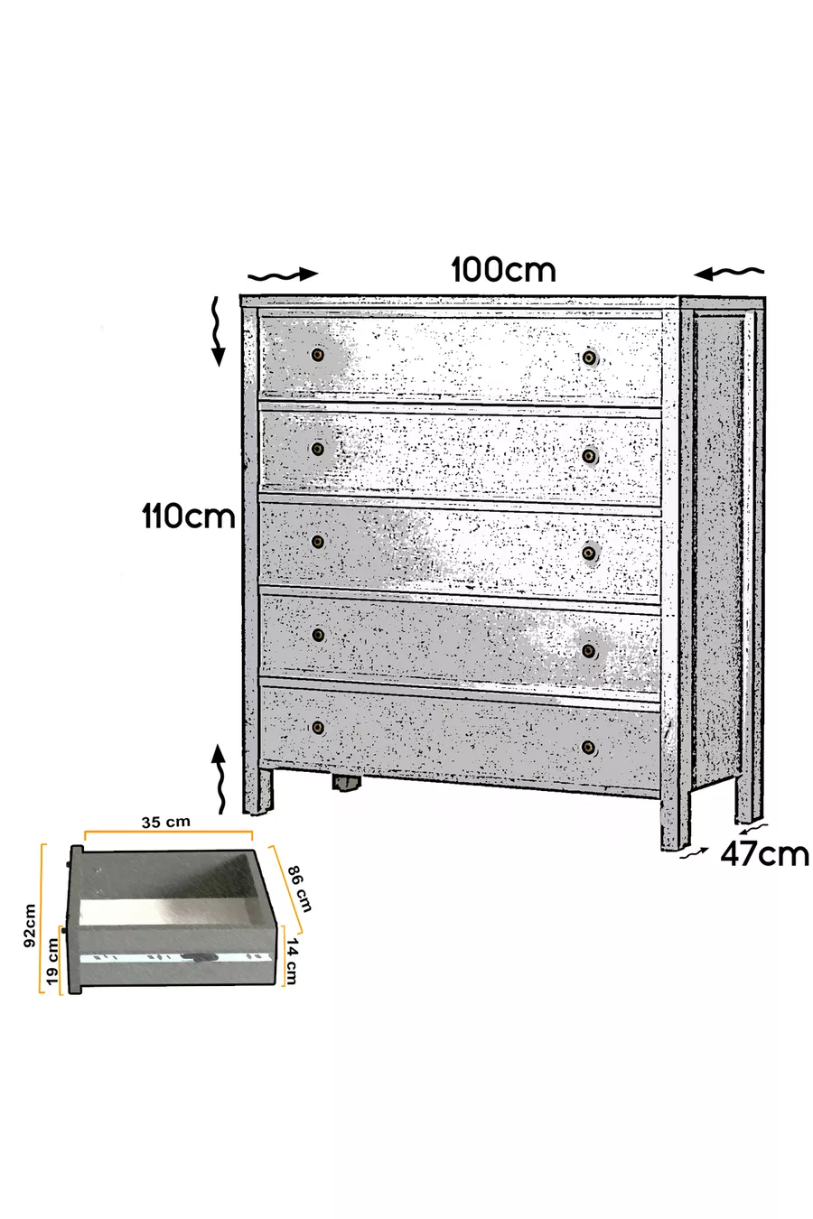 Commode moderne sur pieds Rio à 5 tiroirs, blanche