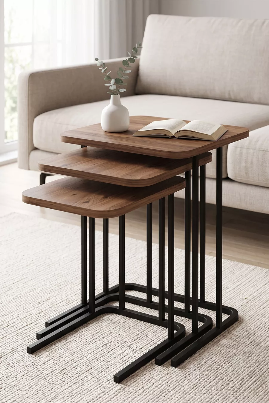 Table Basse Gigogne Pied Métal Ensemble de 3 Tables d'Appoint pour Canapé Zino Pin Atlantique