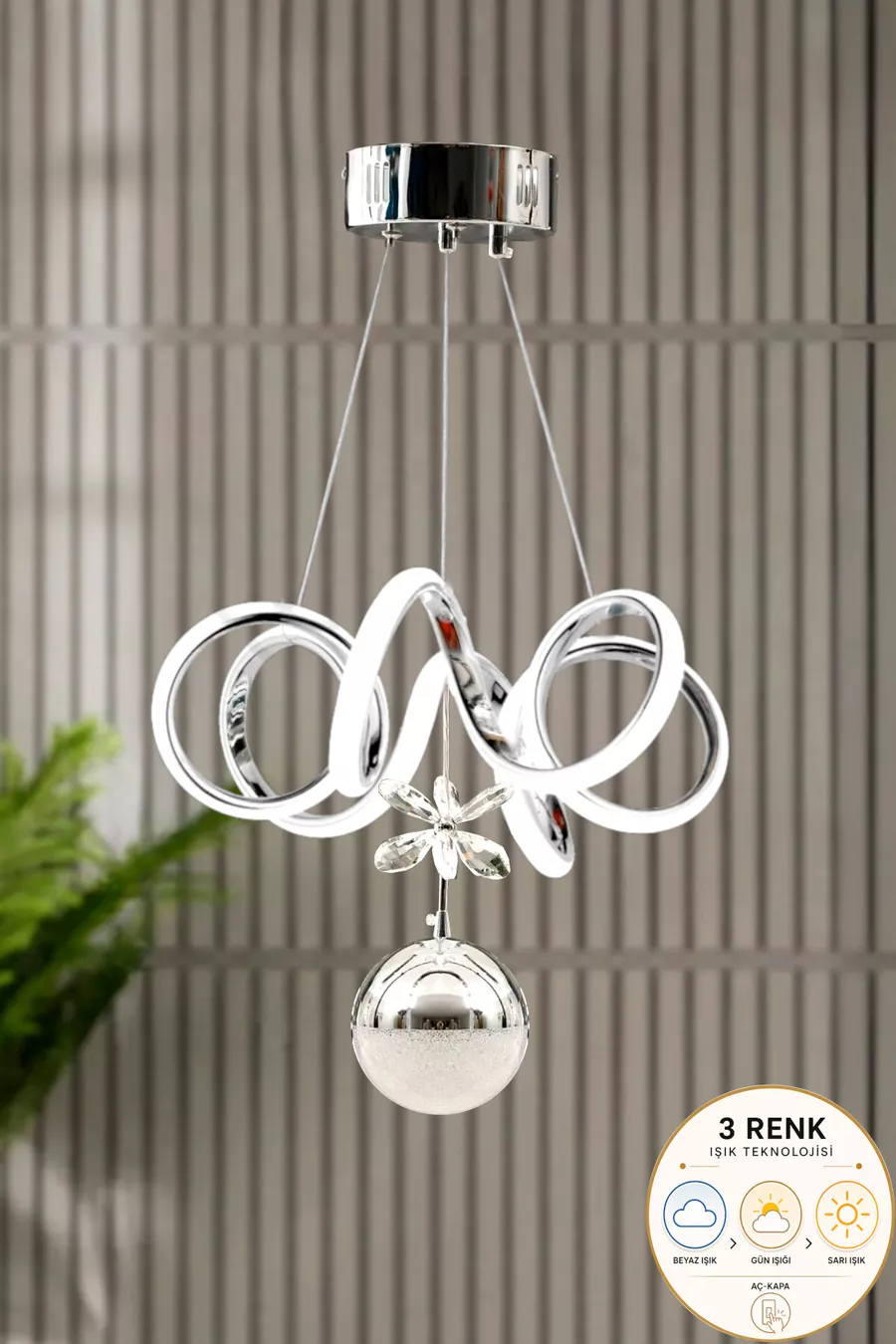Suspension LED moderne en métal chromé Elda modèle 3 couleurs pour salon, cuisine, séjour, chambre