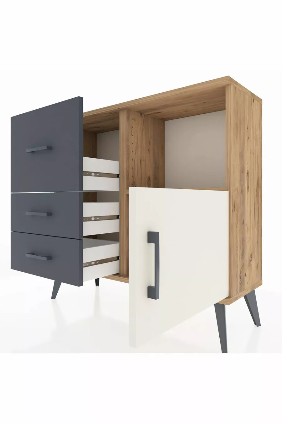 Commode Arges avec une seule étagère, 3 tiroirs et une porte, pin-gris/anthracite