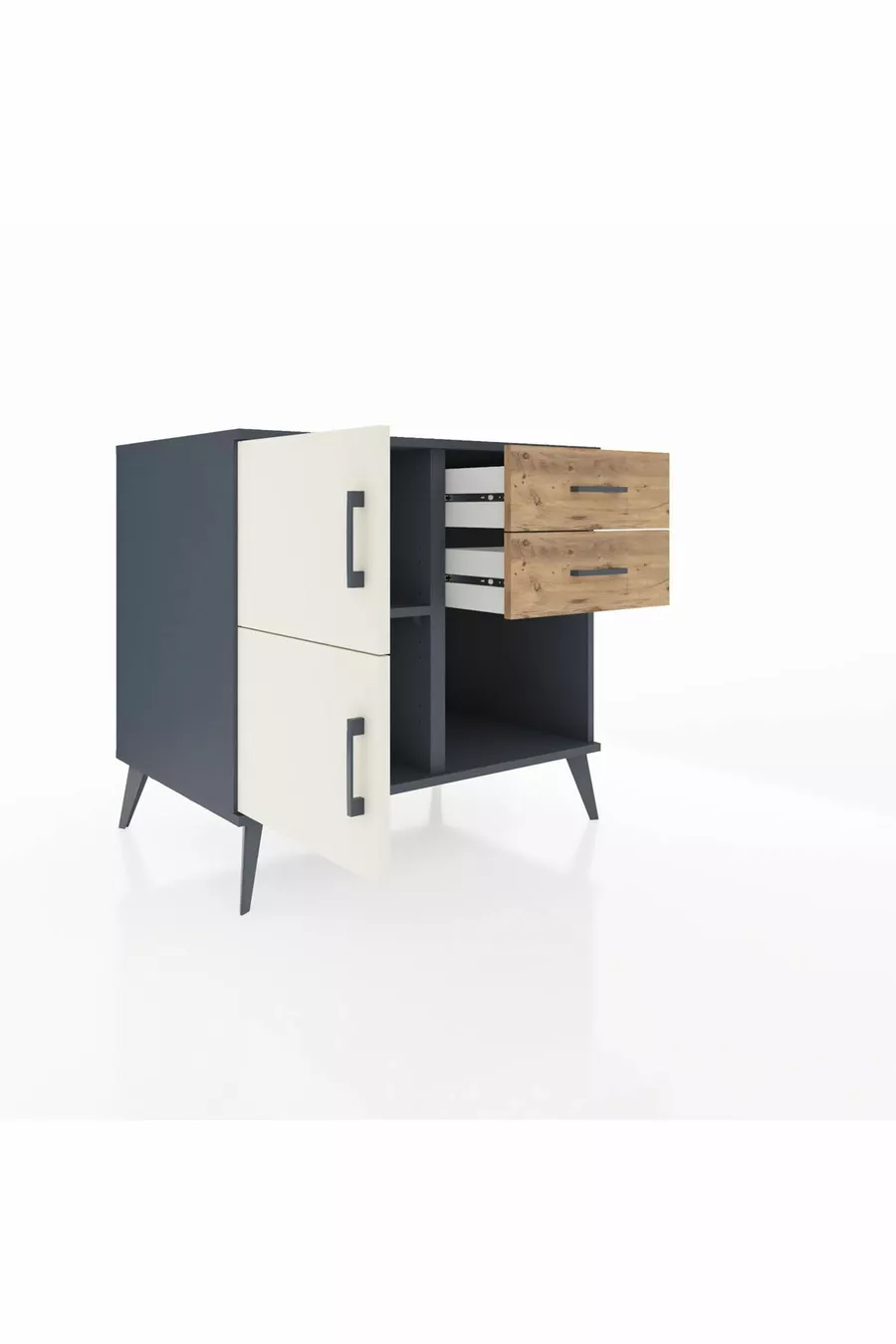 Commode Kronos à une étagère, 2 tiroirs, 2 portes, Anthracite-Pierre de Lune/Pin