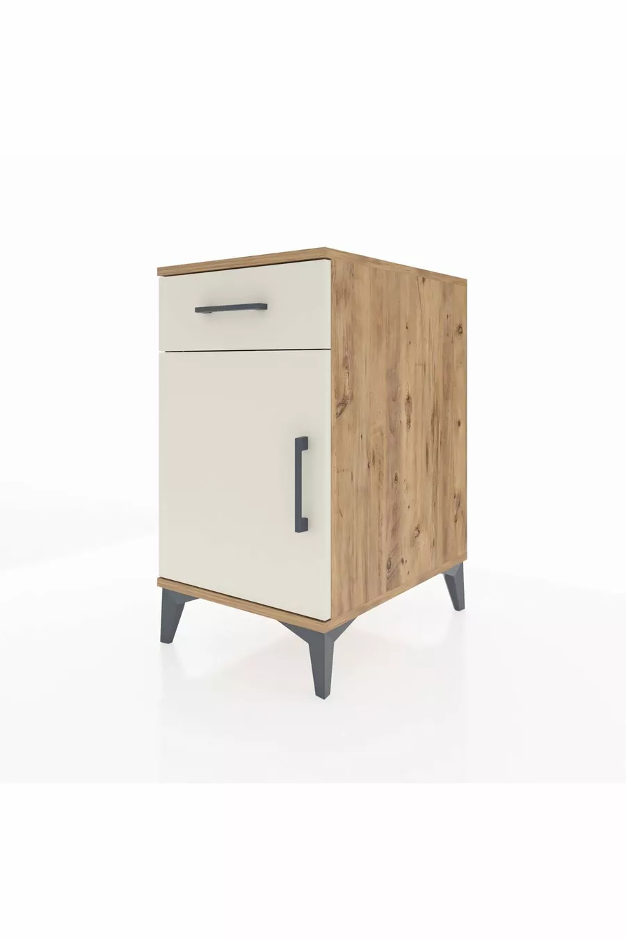 Chevet Kronos avec une étagère, un tiroir et une porte en pin et pierre d'onyx