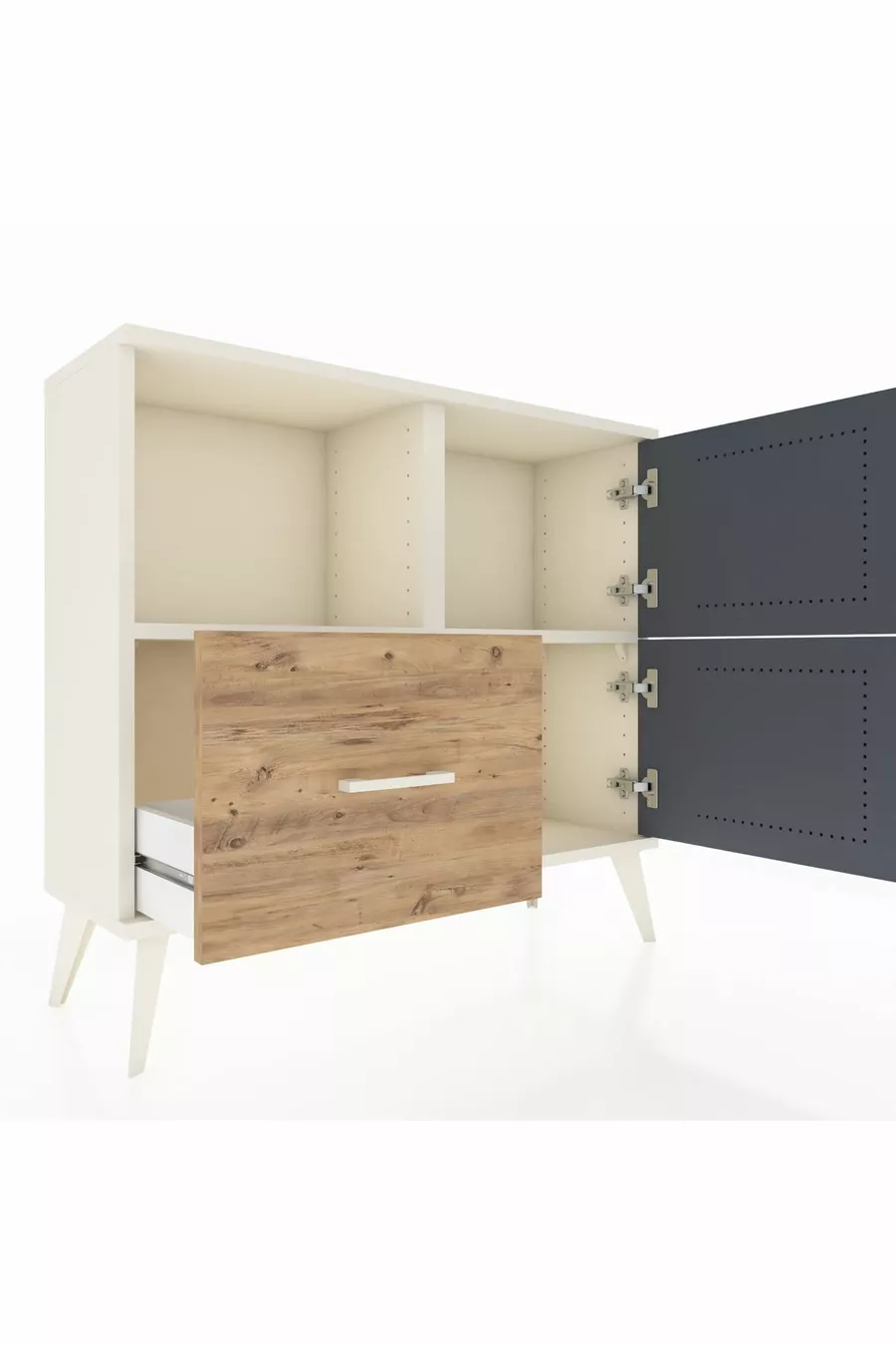 Commode Arges avec 2 étagères, 1 tiroir, 2 portes, couleur Pierre de lune-Anthracite/Pin