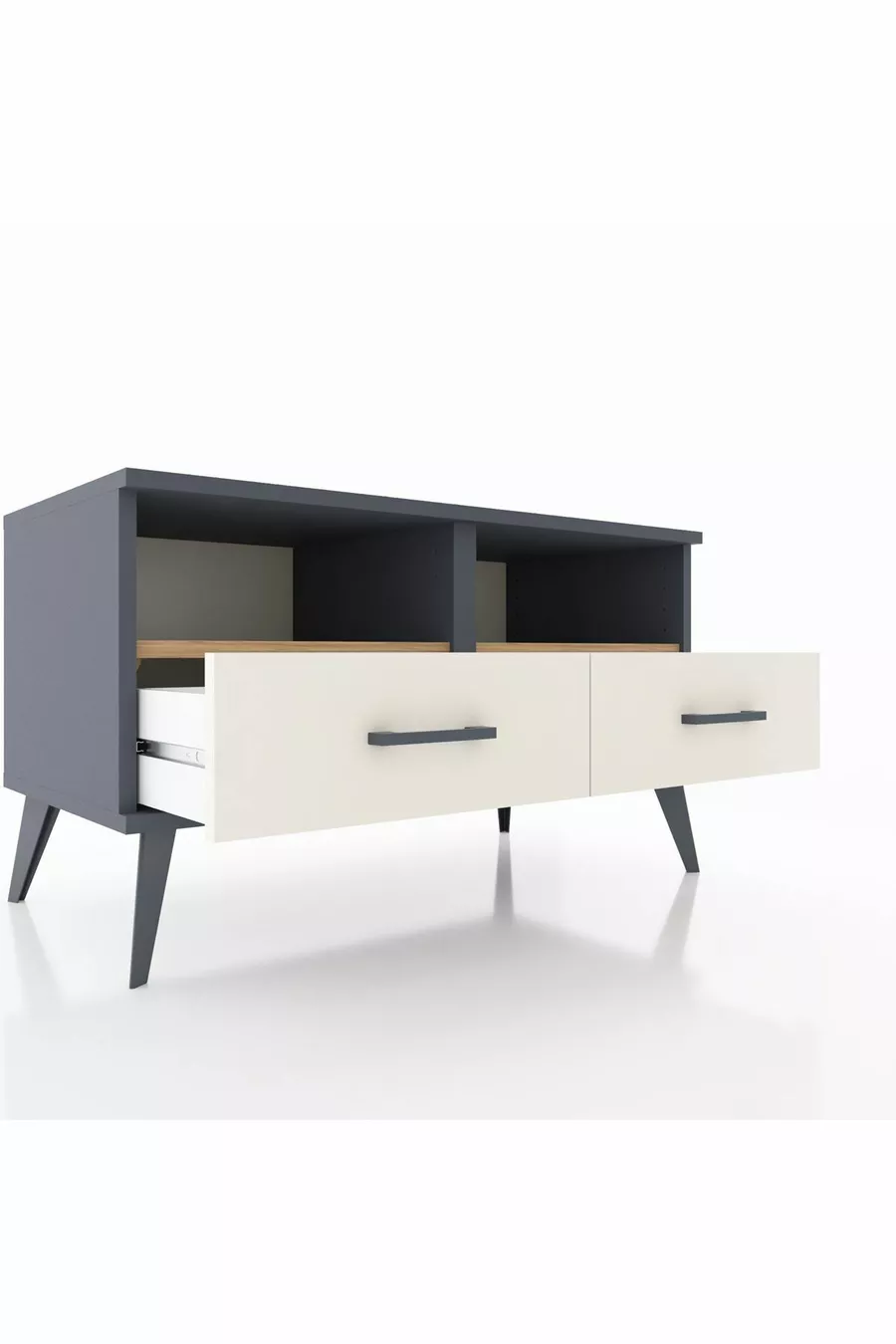 Commode Hyperion 2 étagères 2 tiroirs Anthracite-Pin/Pierre de Lune