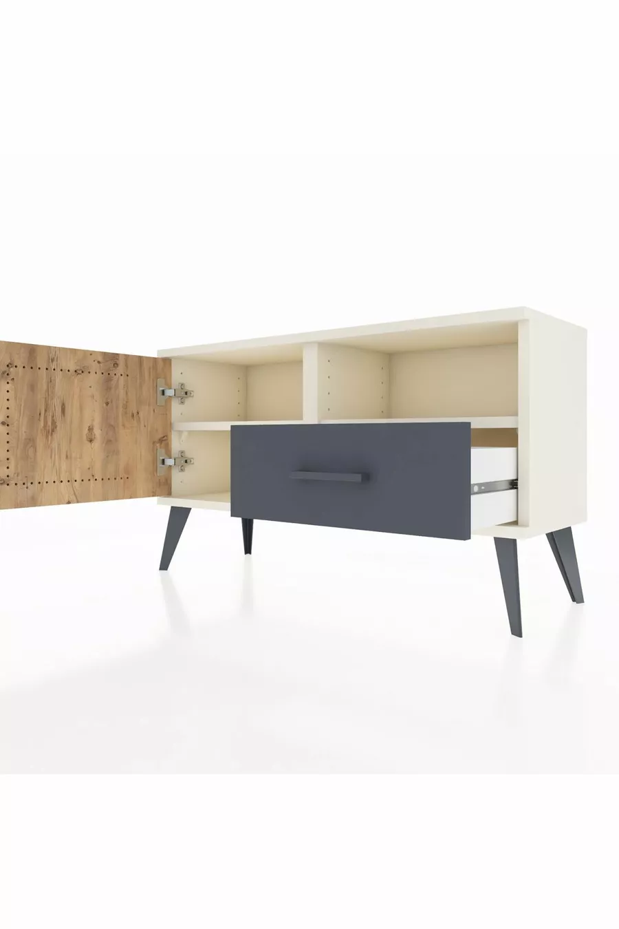 Commode Arges avec 2 étagères, 1 tiroir, 1 porte, couleur Pierre de lune/Pin/Anthracite