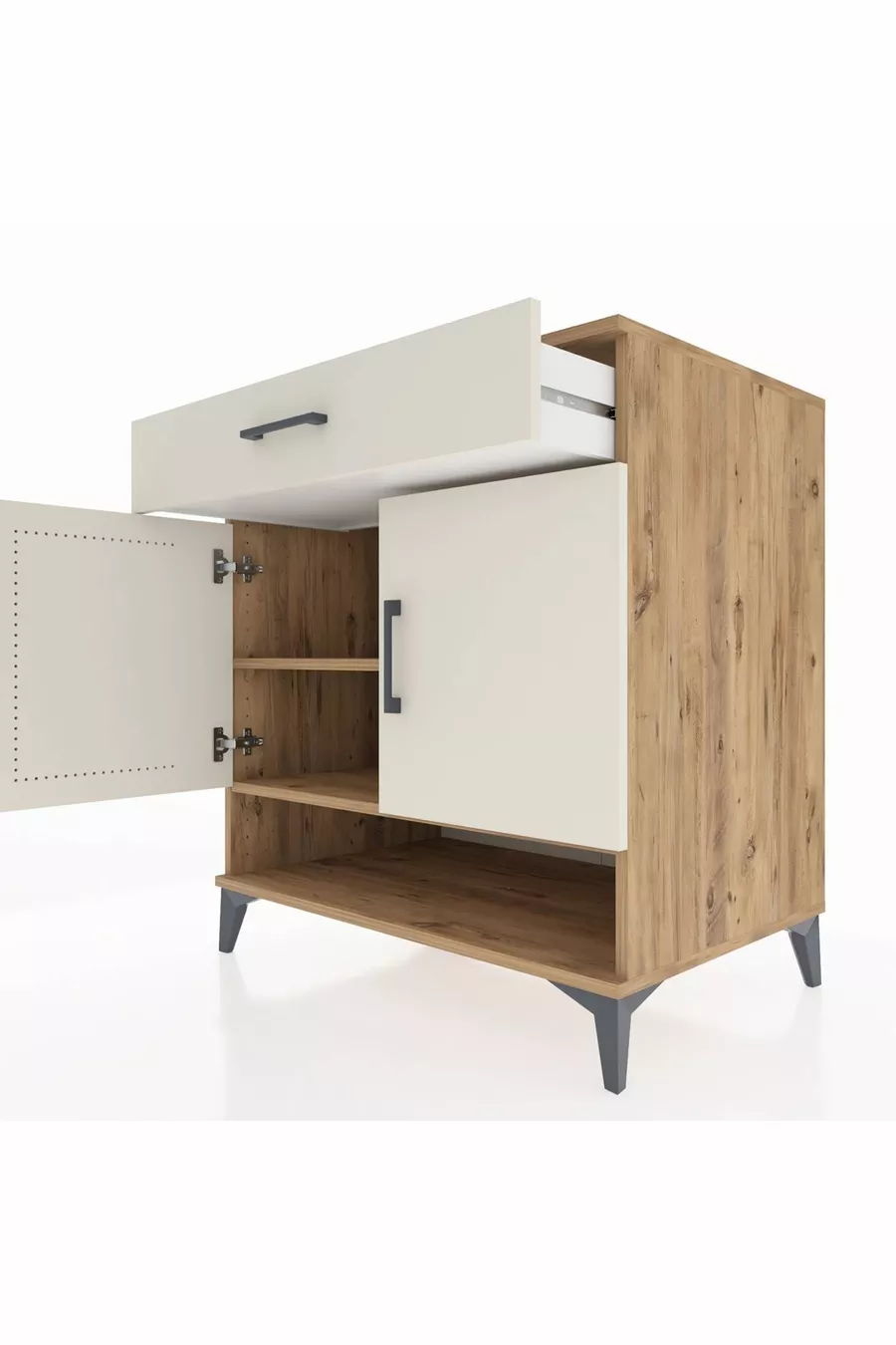 Commode Kronos 2 étagères, 1 tiroir, 2 portes, pin-pierre de lune