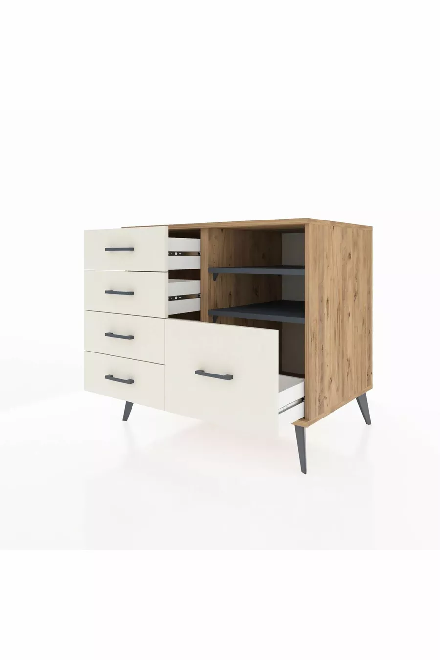 Commode Kronos 2 étagères 5 tiroirs Pin-Anthracite / Pierre de Lune