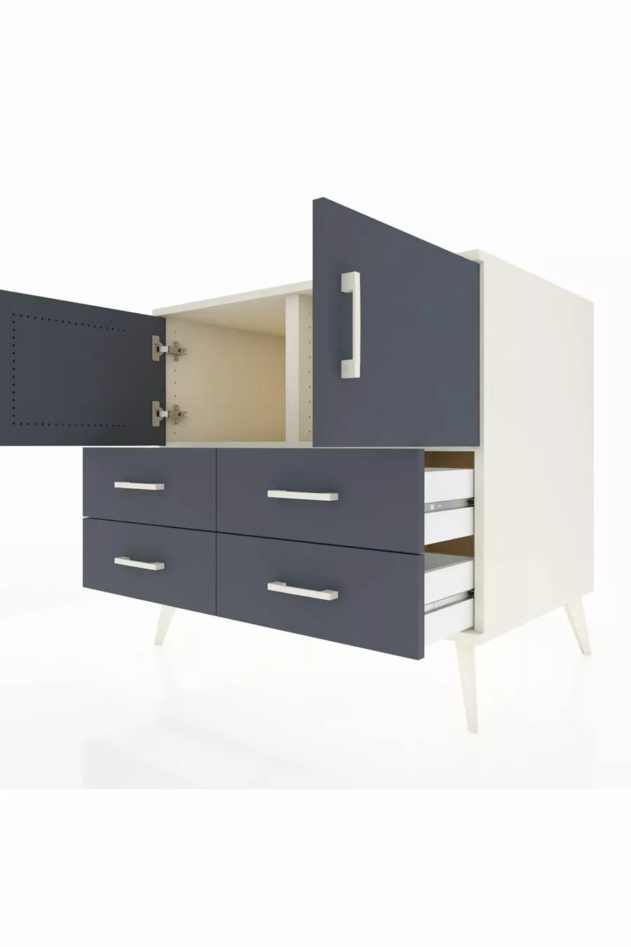 Commode Kronos avec 2 étagères, 4 tiroirs et 2 portes, Pierre de lune-Anthracite
