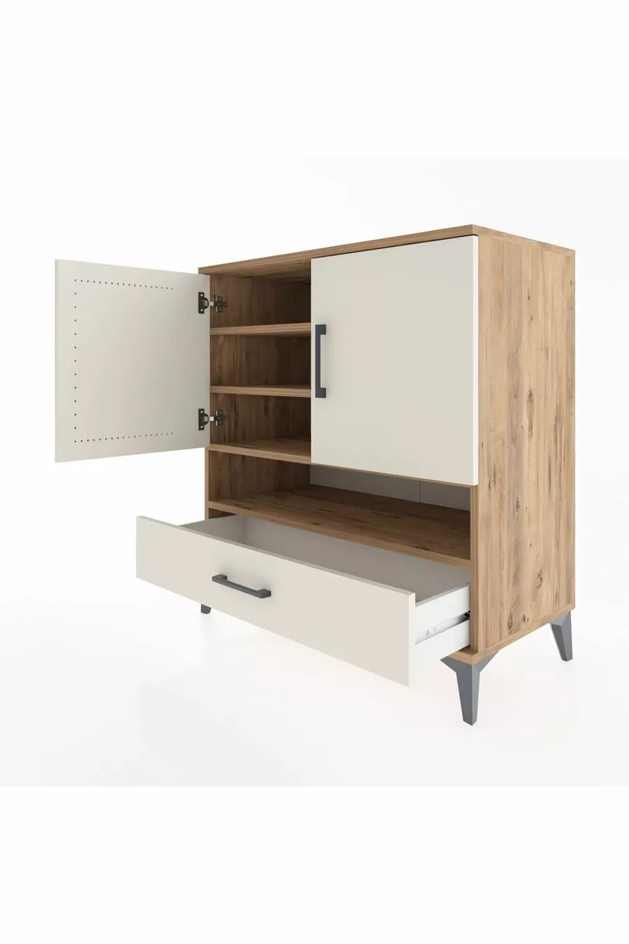 Commode Hyperion 4 étagères, 1 tiroir, 2 portes, pin-jaspe