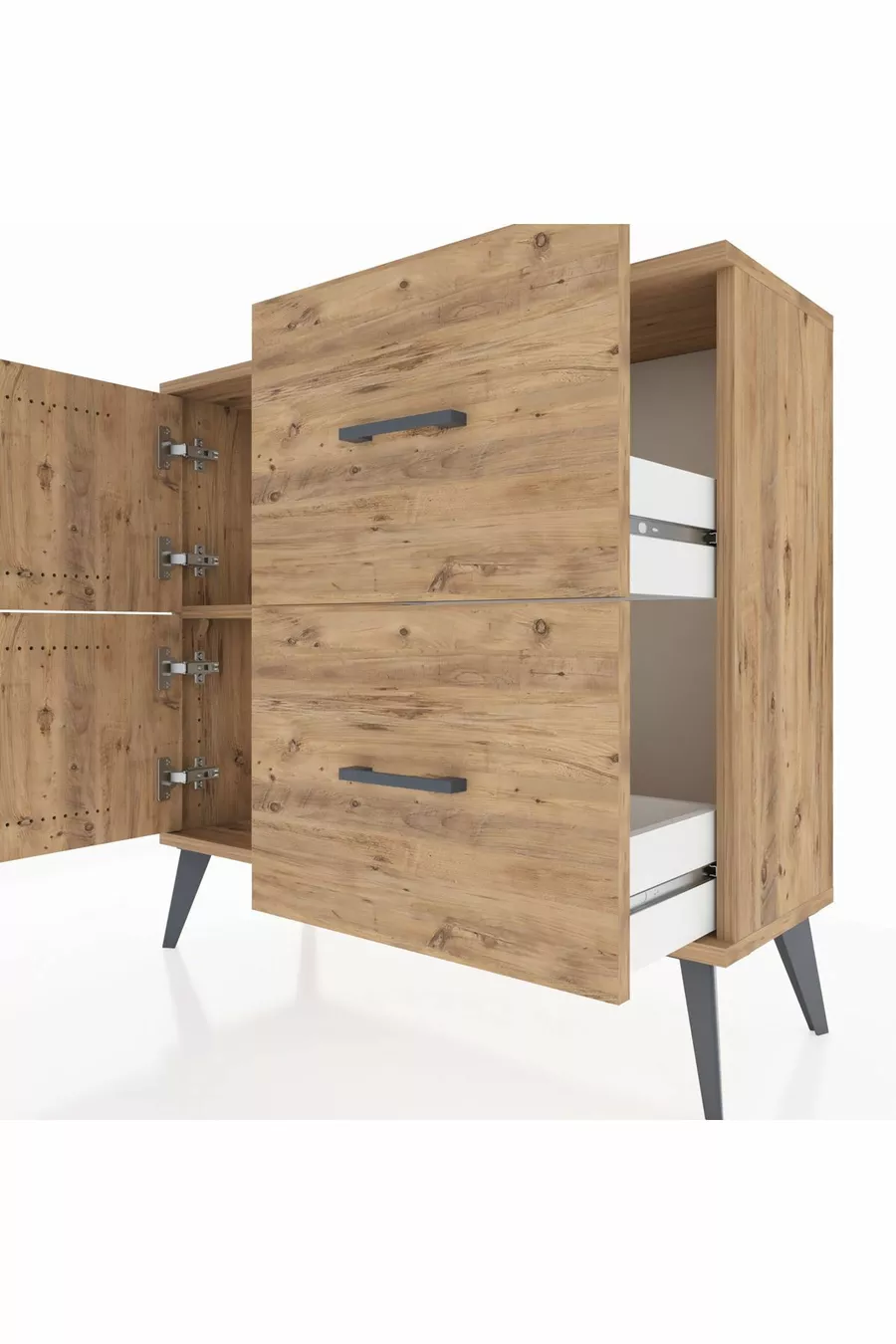 Commode Arges avec une étagère, 2 tiroirs et 2 portes, pin-pin
