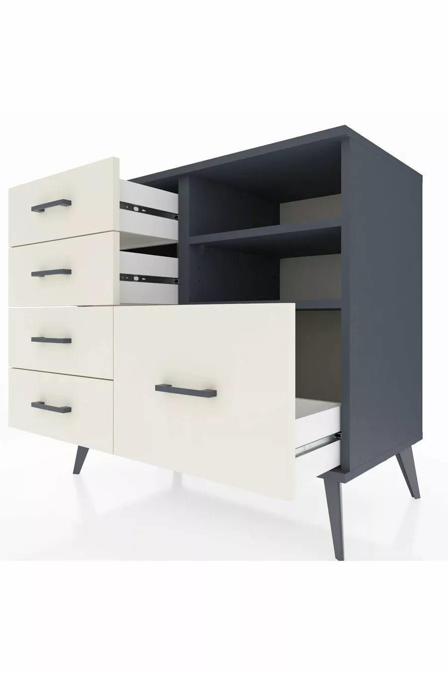 Commode Hyperion 2 étagères 5 tiroirs Anthracite-Anthracite/Pierre de lune