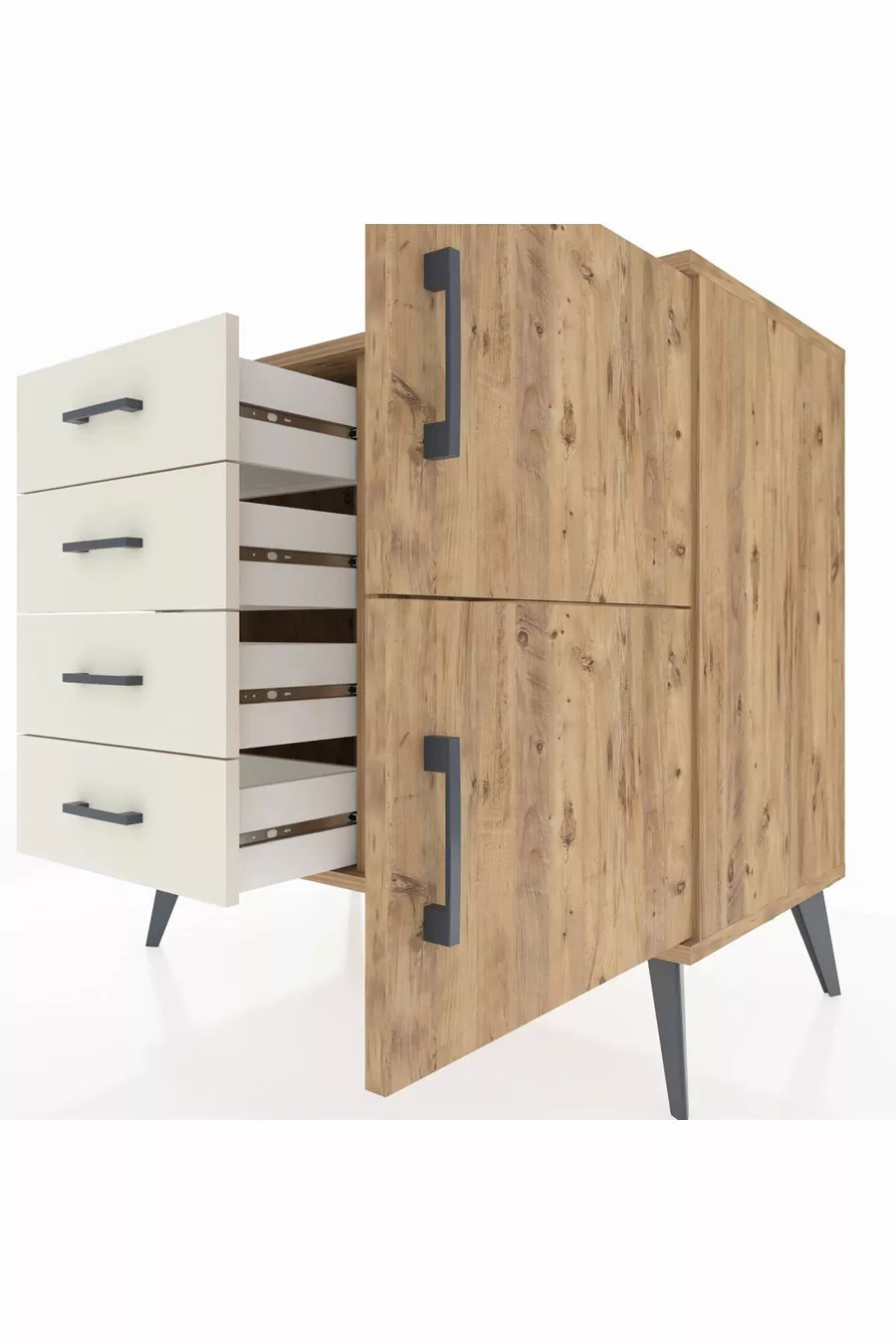 Commode Hyperion avec une seule étagère, 4 tiroirs et 2 portes, pin-pin / pierre d'âme