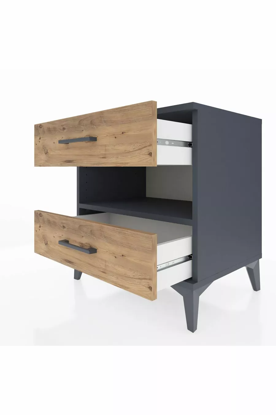 Chevet Hyperion à une étagère et deux tiroirs Anthracite-Pin