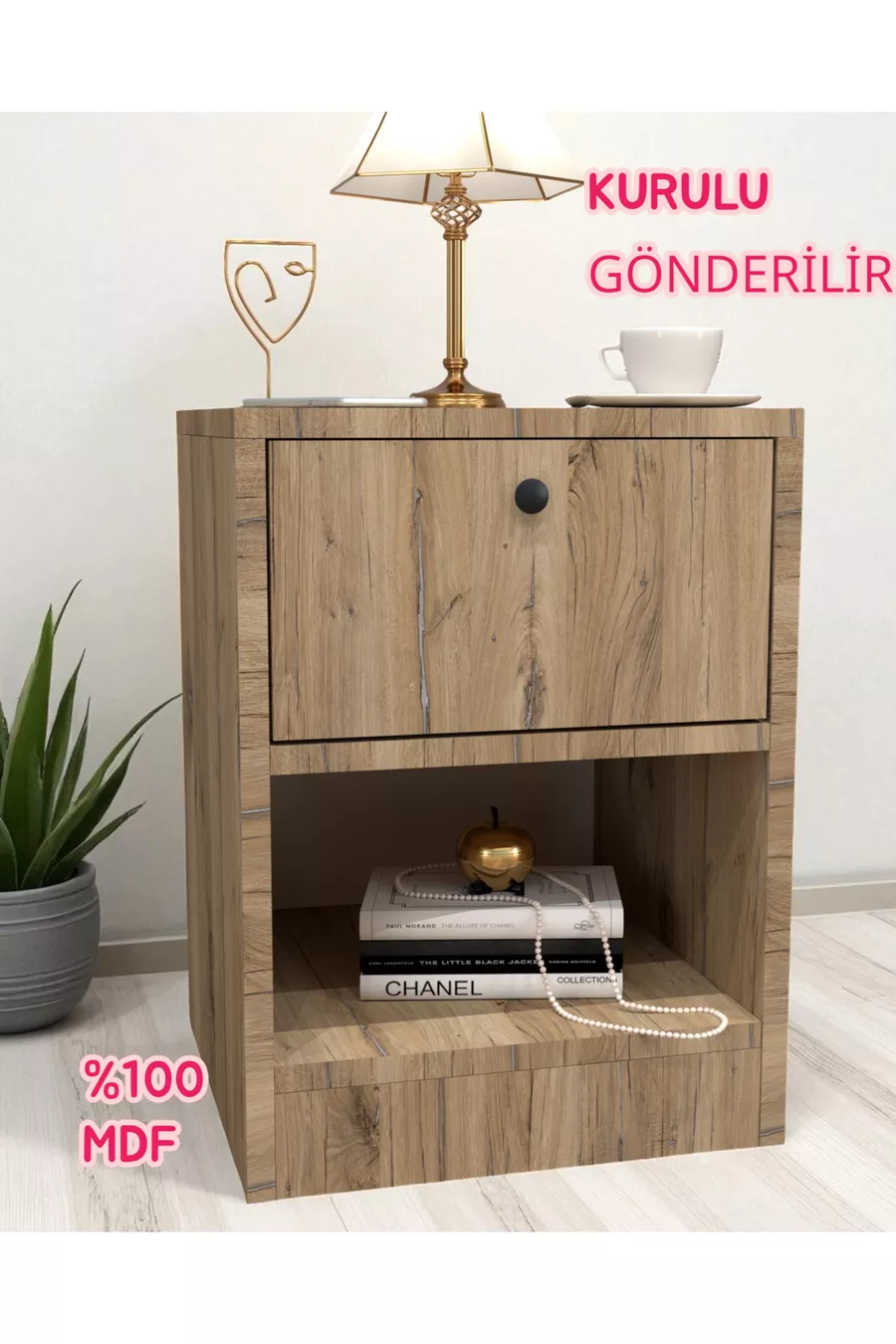 Table de chevet avec serrure et compartiment secret, MDF, livrée assemblée, pas besoin de montage