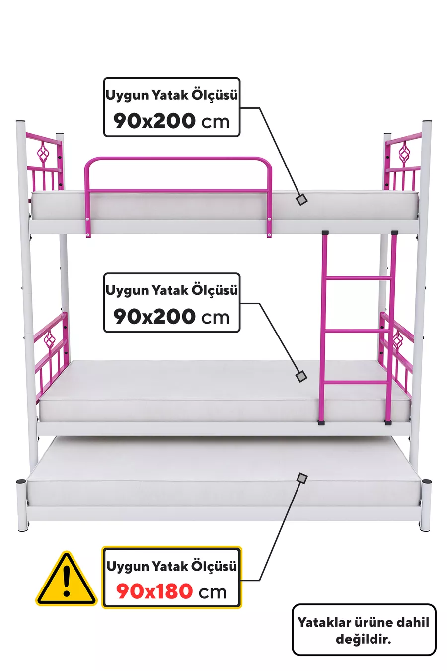 Lit superposé Koza avec tiroir, compatible pour 3 personnes, en métal rose foncé