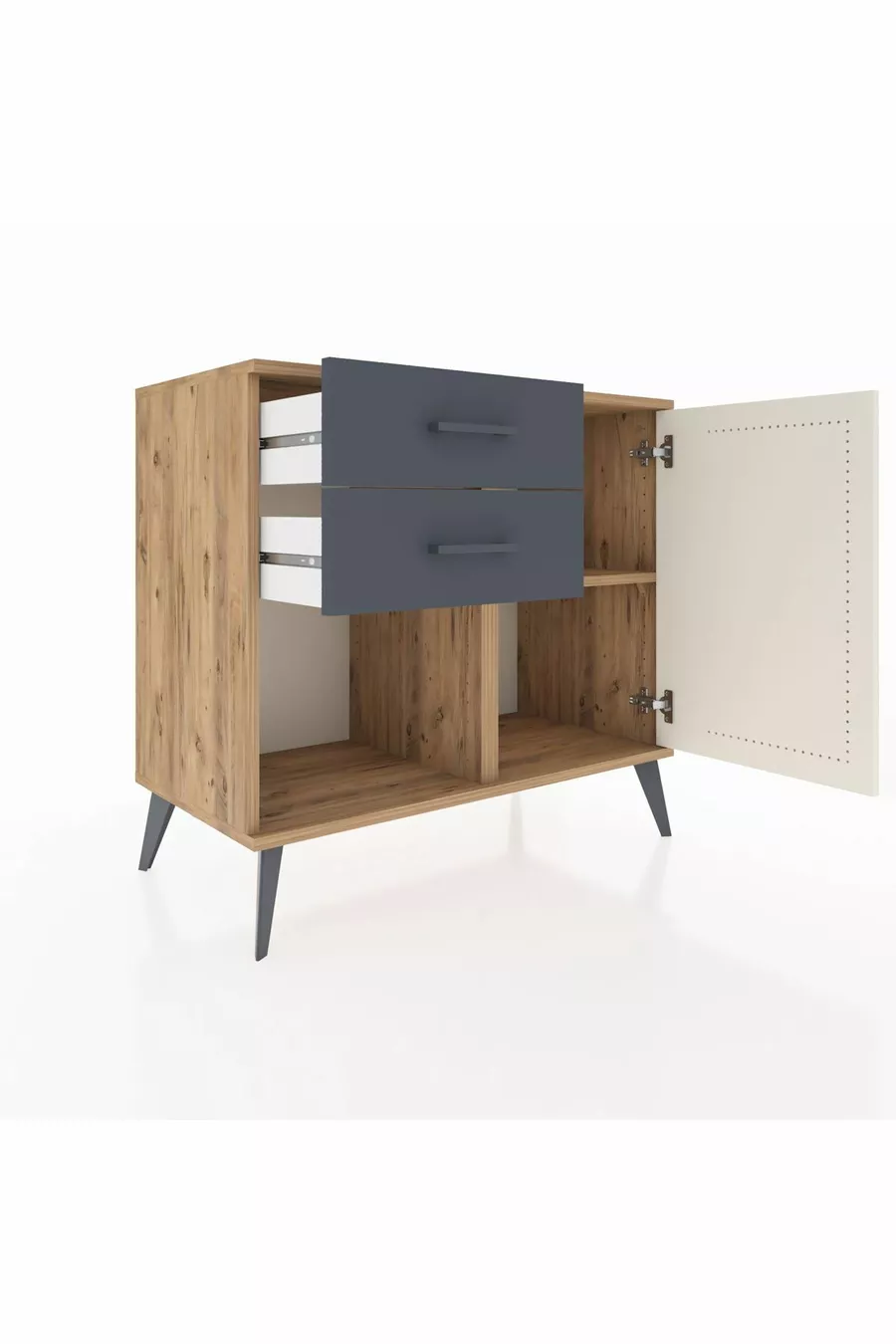 Commode Hyperion avec une seule étagère, 2 tiroirs et une porte, pin-gris/anthracite