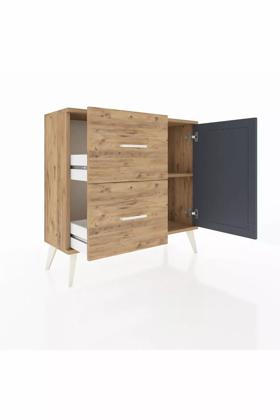 Commode Arges avec une étagère, 2 tiroirs et une porte, pin-anthracite/pin